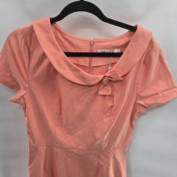 MUXXN Coral Retro Rockabilly Pinup Bow Short Sleeved Midi Dress Size XL - Picture 2 of 9